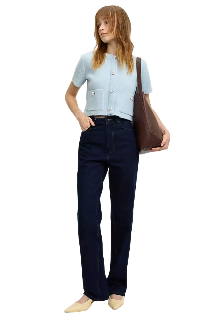 Pomelo  5.0 2 Flower-Button Cropped Cardigan - Baby Blue
